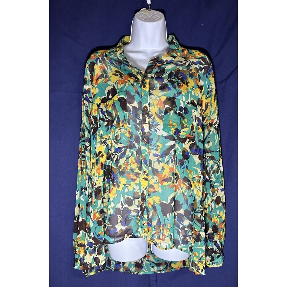 Kut From The Kloth Floral Button Up Shirt Womens XL Teal Yellow Sheer Blouse